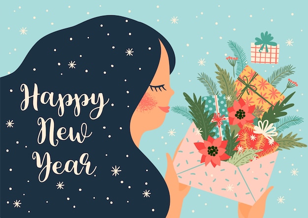 Christmas and happy new year illustration with cute woman.