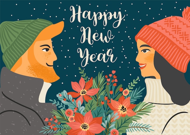 Christmas and Happy New Year illustration of young man and woman with christmas bouquet. Trendy retro style. 