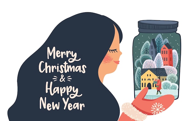 Christmas and happy new year isolated illustration with cute woman vector design