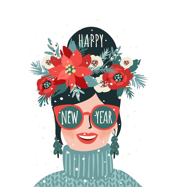 Vettore natale e buon anno illustrazione isolata di una giovane donna vettore in stile retro trendy