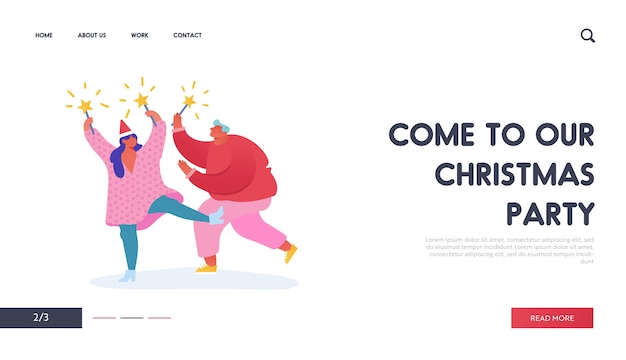 Christmas and happy new year party with people characters with 2020 year for web design, banner, mobile app, landing page. woman and man with fireworks celebration holidays.