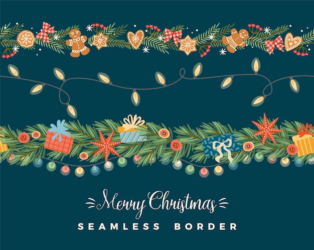 Christmas and Happy New Year seamless borders.