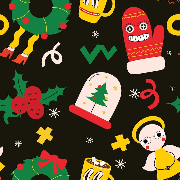 Vector christmas and happy new year seamless pattern with christmas santa toys and gifts trendy retro style vector design template