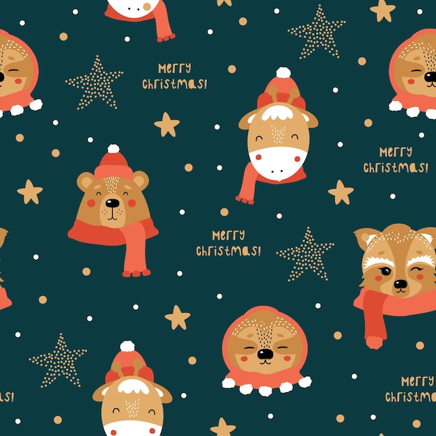 Christmas and Happy New Year seamless pattern with cute bear giraffee sloth