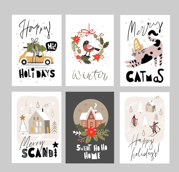 Christmas and Happy New Year set greeting cards with hand calligraphy.