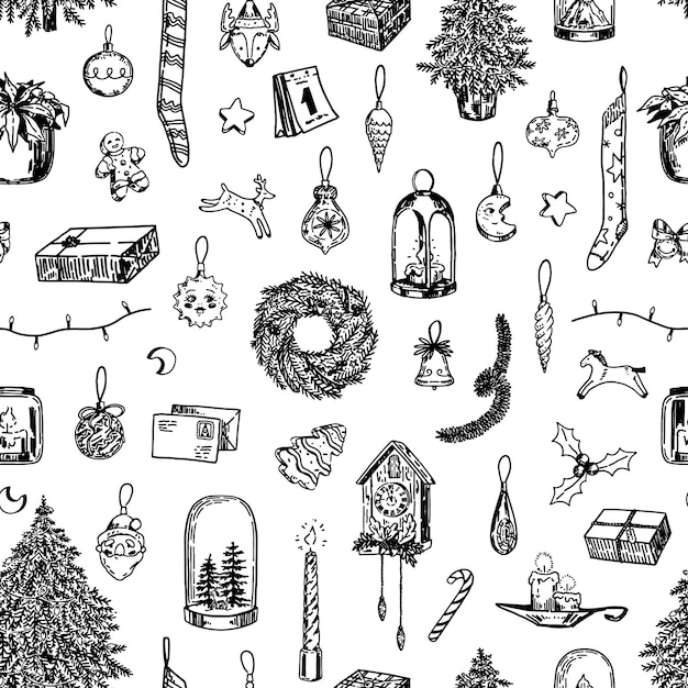 Vector christmas holiday attributes ornament in sketch style xmas decorations doodles vector seamless pattern for design background wallpaper