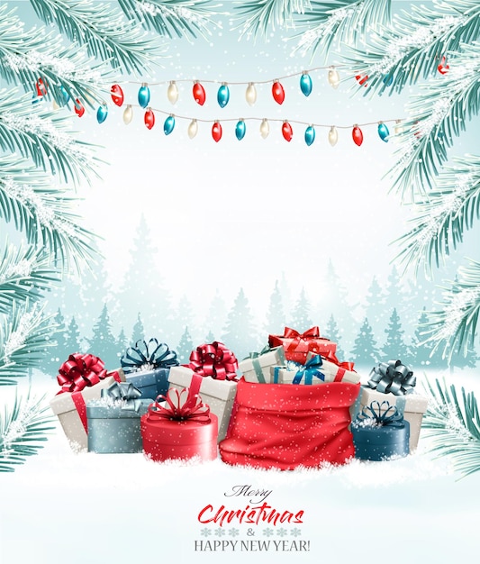 Christmas holiday background with colorful gift boxes. Vector.