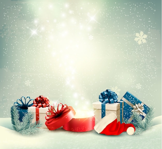 Christmas holiday background with presents and magic box. 