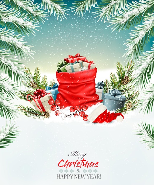 Christmas holiday background with a red sack full presents. vector.