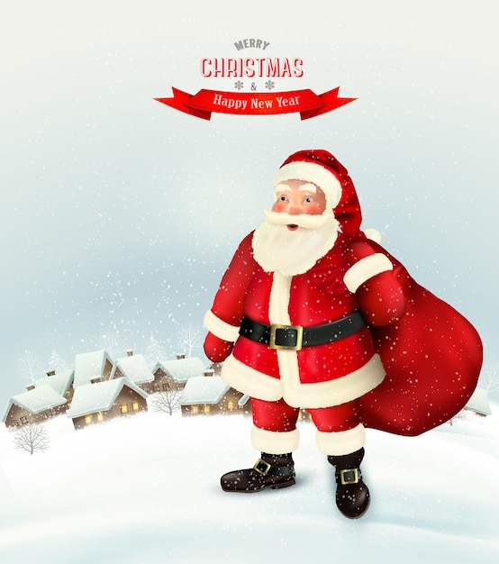 Christmas holiday background with Santa Claus holding a sack full presents and winter village. Vector illustration