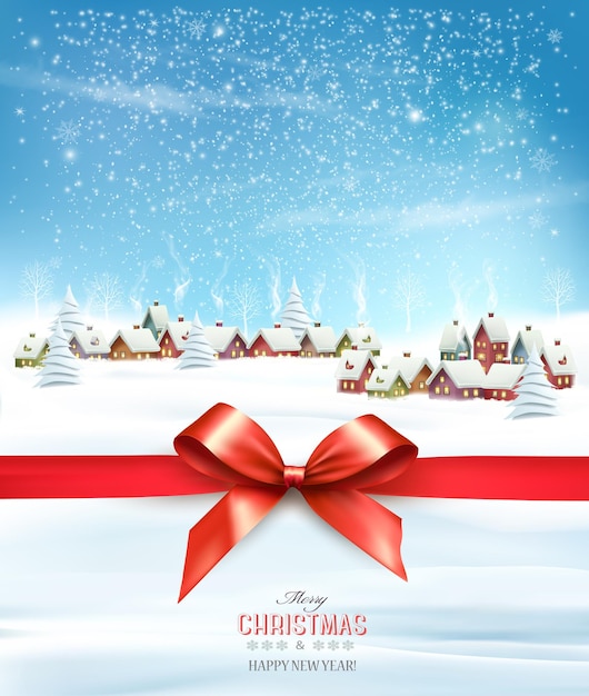 Christmas Holiday Background with a Village Landscape and red ribbon. Vector illustration.