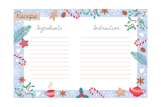 Christmas holiday baking recipe template with ingredients and instructions copy space