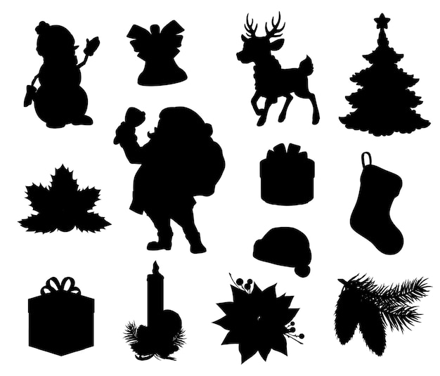 Christmas holiday black silhouettes. Xmas tree, gift and present boxes, Santa, snowman and reindeer, Claus hat, Christmas bell, holly and pine branches, stocking, sock, candle and poinsettia