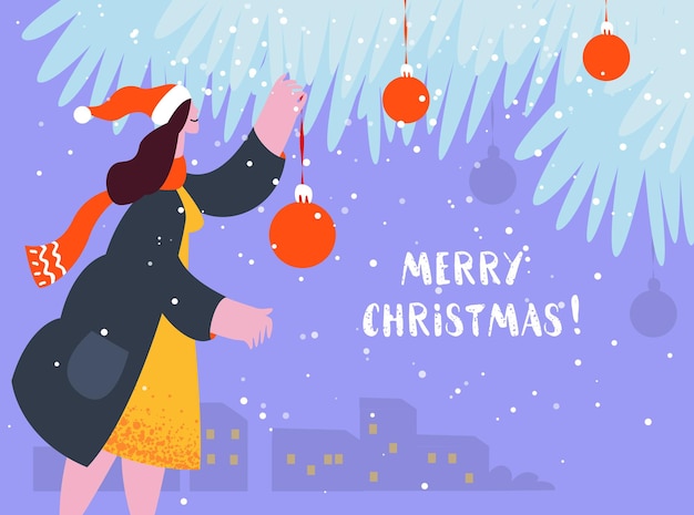Рождественская праздничная открытка Люди отметили рождество Молодая женщина украсила елку