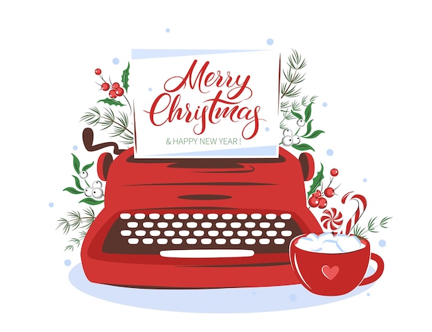 Christmas holiday card. Vintage typewriter and cup with christmas decor with winter berries, sweets.