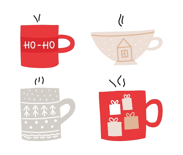 Christmas holiday coffee tea mug. Isolated vector illustration icons set for new year cards
