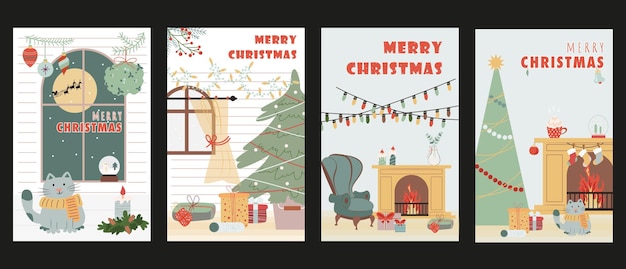 Christmas holiday cover brochure set in trendy flat design Poster templates with cozy room window with candles and decor festive fir tree with toys and gifts cute cat at home Vector illustration