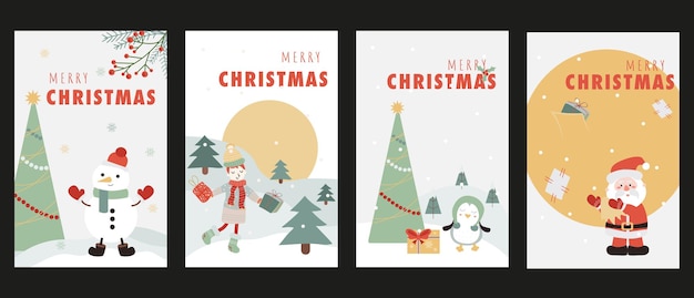 Christmas holiday cover brochure set in trendy flat design Poster templates with festive fir tree with toys and snowman woman holds gifts in forest Santa Claus with big bag Vector illustration