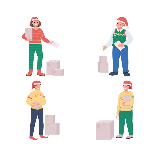 Vector christmas holiday delivery flat color character set. courier in santa claus hat. christmas time. order shipment isolated cartoon illustration for web graphic design and animation collection