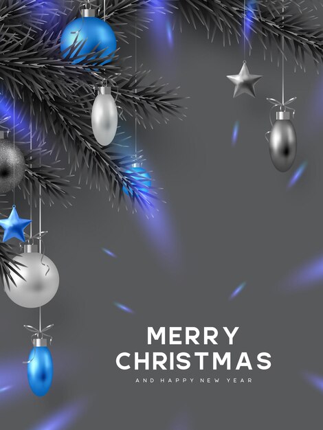 Christmas holiday design with hanging balls, pine branches and glowing lights. Monochrome grey colors with blue contrast. New Year vector illustration.