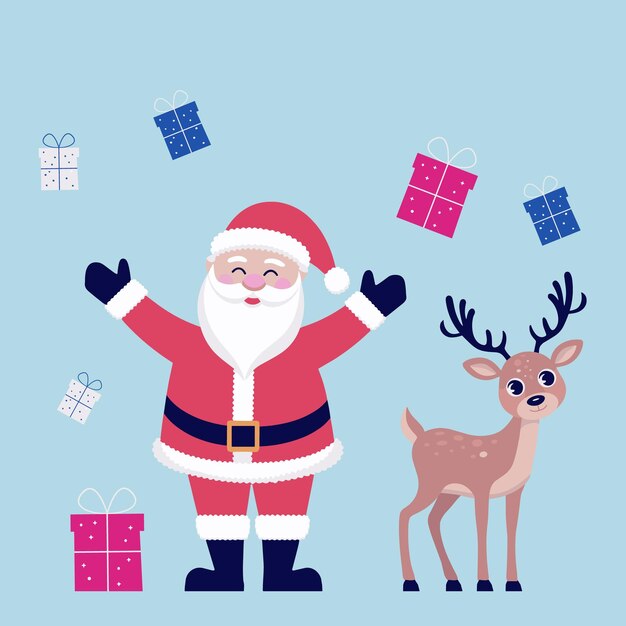 christmas holiday design with santa claus deer and gift boxes in flat style