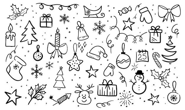 christmas holiday doodle icons collection black and white