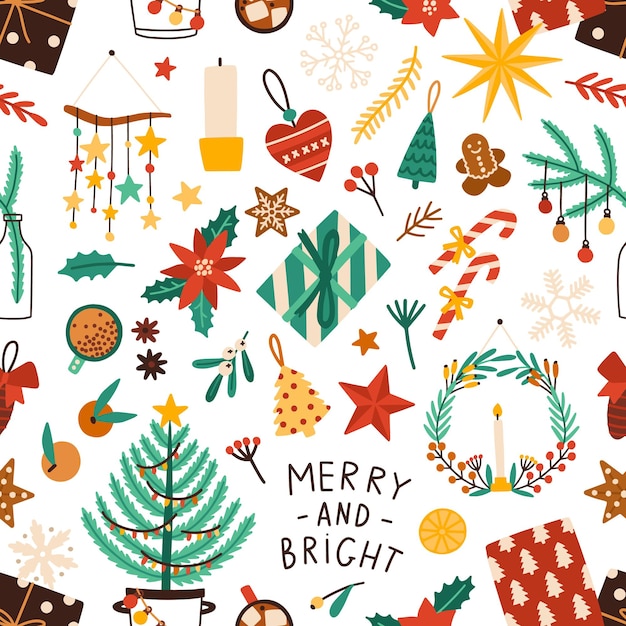 Christmas holiday flat vector seamless pattern. Winter season symbols texture. Traditional xmas attributes decorative backdrop. Christmas tree toys, gingerbread cookies, presents illustration.