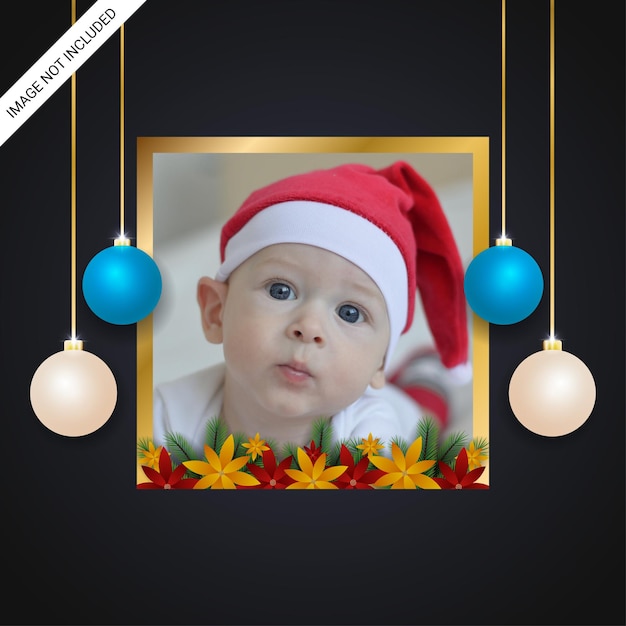 Vector christmas holiday greeting golden photo frame red and yellow flowers green leaf with christmas balls