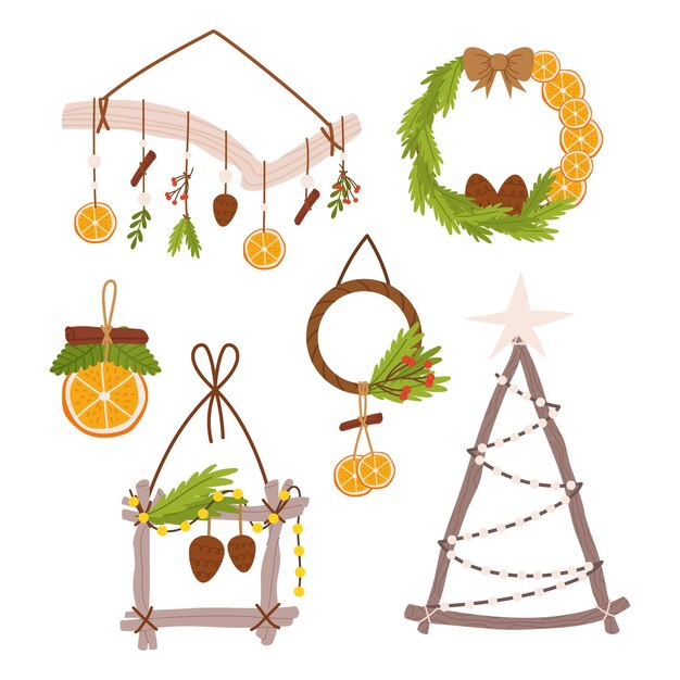 Vector christmas holiday hanging decor with festive ornaments lights pine cones orange slices holly berry and fir branches timeless charm for a magical yuletide atmosphere cartoon vector illustration