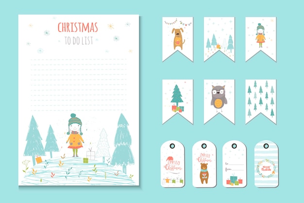 Christmas holiday to do lists, planner, cute notes with winter vector illustrations. Template for party organization, greeting and journaling cards, invitations, gifts decoration, stationery.