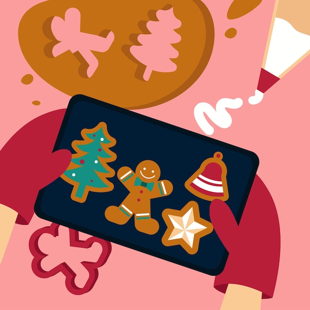 Vector christmas holiday preparation illustration baking ginger bread and cookies