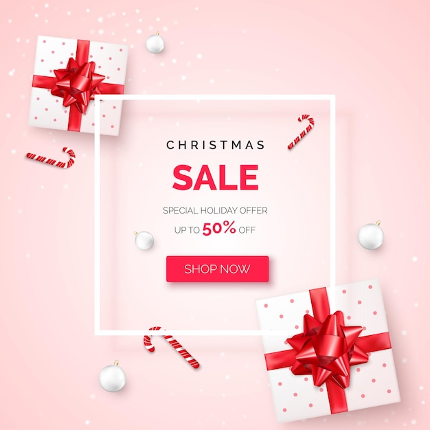 Christmas holiday sale banner with gift boxes with red ribbon and bow. Present boxes with New Year decoration. Vector illustration