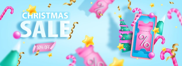 Banner di vendita di vacanze di natale poster di offerta di shopping online di promozione di coupon di sconto 3d di natale