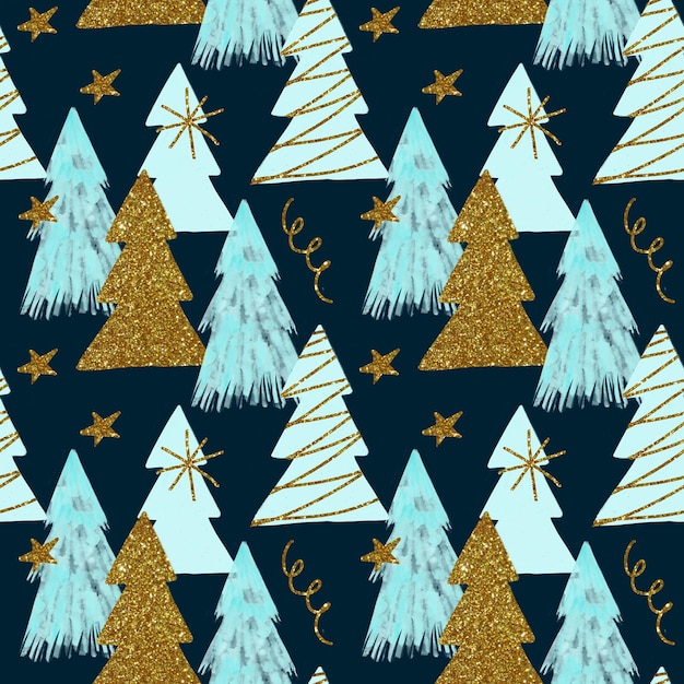 어두운 색에 금색 질감이 있는 파란색 전나무 삽화가 있는 크리스마스 휴가 원활한 패턴