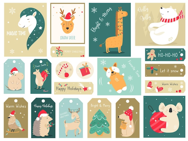 Vector christmas holiday set with a hand drawn animals