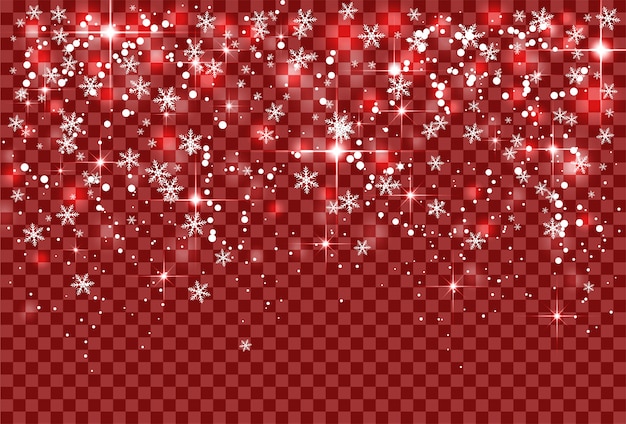 Christmas holiday snowfall and sparkle snowflakes on red transparent background