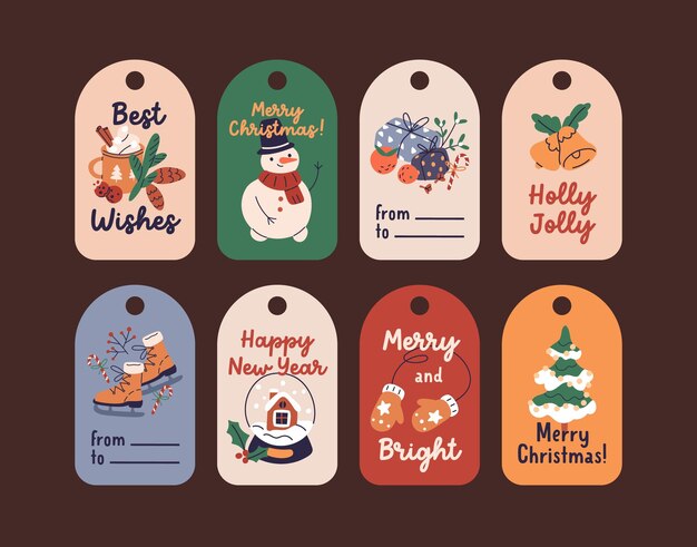 Set di tag per le vacanze di natale. cartoline di natale, etichette festive da appendere ai regali. disegni di badge di capodanno, decorazioni stampabili, ornamenti con fori per regali. illustrazioni vettoriali piatte isolate