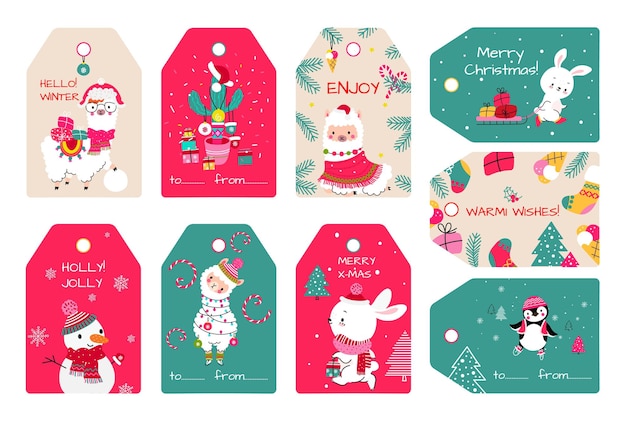 Christmas holiday tags with snowman xmas llama and gifts Winter stickers present box labels for decor New year nowaday decorative vector positive template of christmas tag holiday illustration