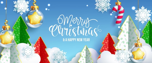 Christmas holiday vector background design. merry christmas typography text with paper cut xmas.