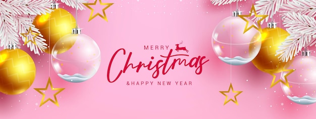 Christmas holiday vector design. merry christmas greeting text in pink background with xmas balls.