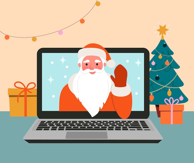 Vector christmas holiday video call santa claus laptop on the desk vector flat style illustration