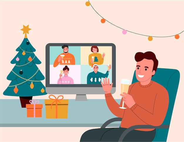 Vacanze di natale videoconferenza di persone con bicchieri di vino illustrazione piatta vettoriale