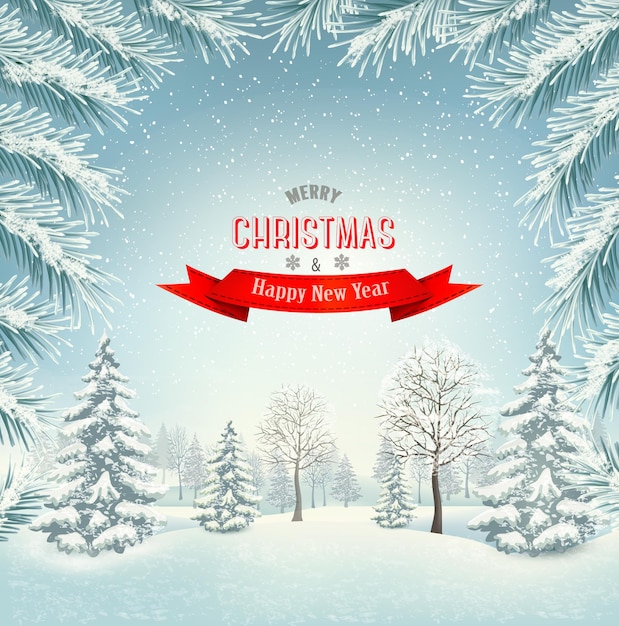 Christmas holiday winter landscape background. Vector.