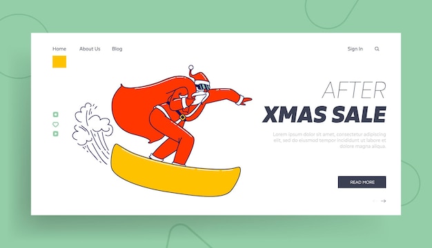 Christmas holidays activity, spare time landing page template. cool santa claus character with gift bag on shoulder, red costume and sunglasses perform stunts on snowboard. linear vector illustration