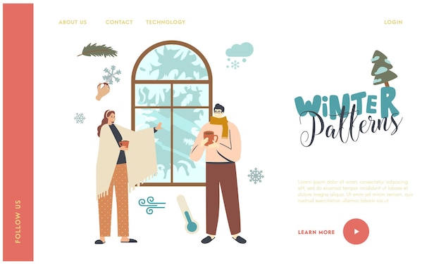 Christmas Holidays Landing Page Template. Characters in Warm Clothes Enjoying Winter Window View and Hot Drinks at Cozy Decorated Home. Wintertime Season SpareTime. Linear People Vector Illustration