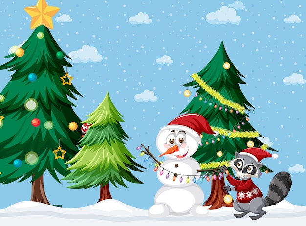 Christmas holidays with snowman and tree