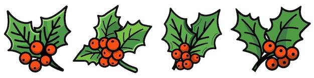 christmas holly berry leaves icon cartoon christmas icons set hand drawn christmas plant