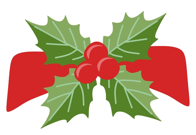 Рождественская векторная иконка ягоды падуба мультяшная омела и лист ilex ветка рождественского растения изолированы на белом фоне Праздничная плоская мультяшная иллюстрация для украшения