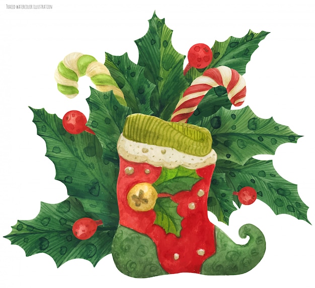 Vector christmas holly bouquet with elf stocking and candy canes , traced watercolor