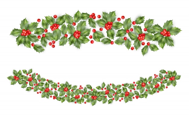 Vector christmas holly branch border with berry background. happy new year card.